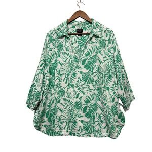 Womens 1X Tunic Top Green Tropical Pineapple 100% Linen 3/4 Sleeve Resortwear